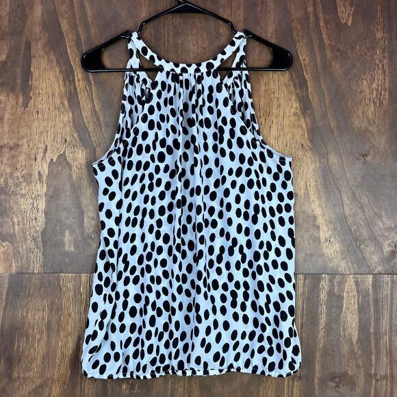 Ann Taylor LOFT Womens Blouse White Black Spots Polka Dot VNeck Tank Flowy M - Picture 8 of 10